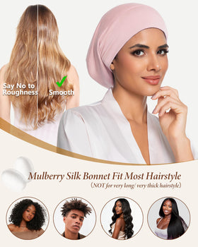 ROYBENS bonnet worn by model with curls showing preserved shape and reduced frizz