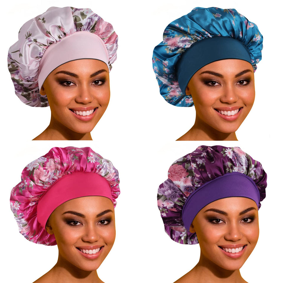 ROYBENS front view of 4-pack satin bonnets showing colors and packaging, protects styles