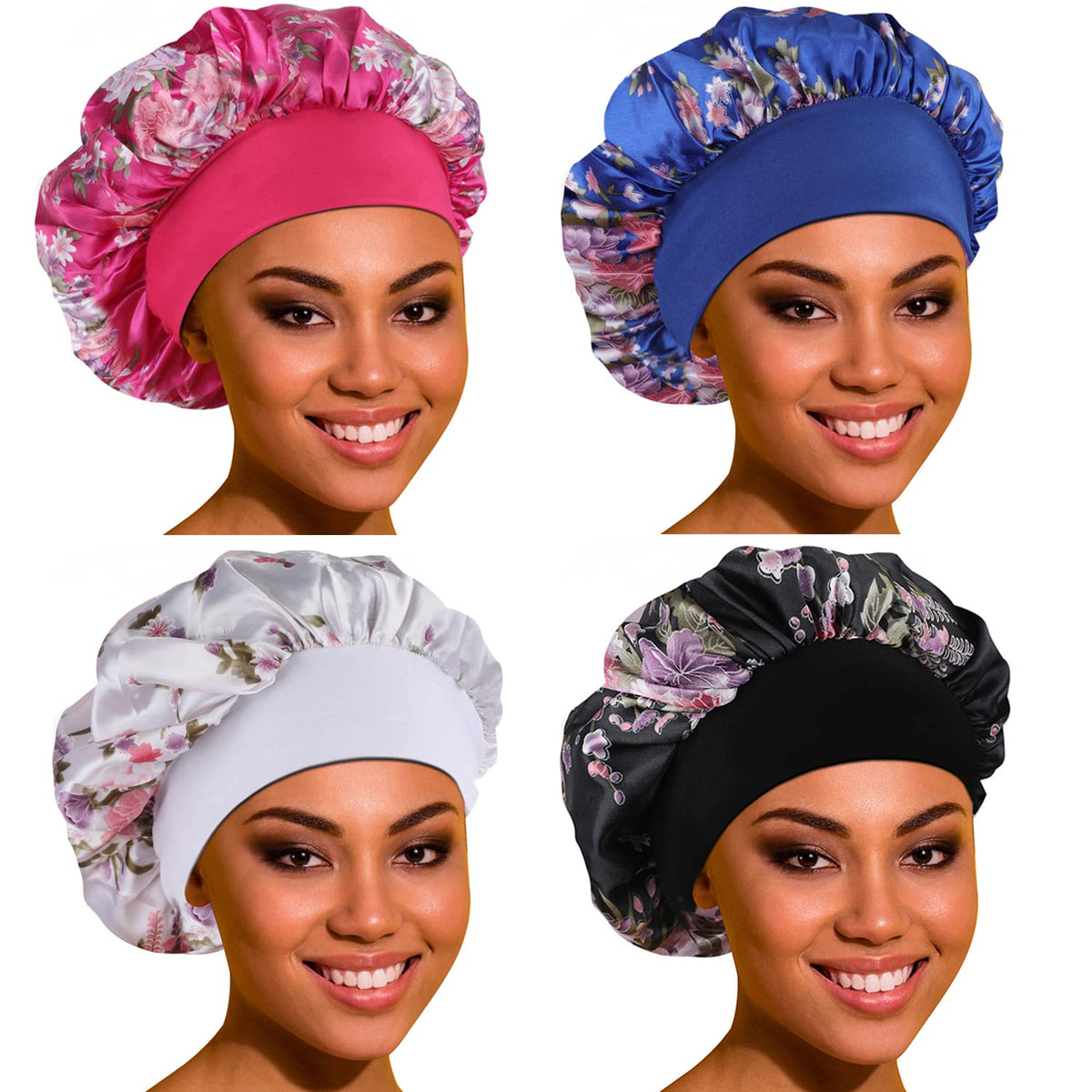 ROYBENS front view of four-pack bonnets showing colors and packaging benefit stylish storage