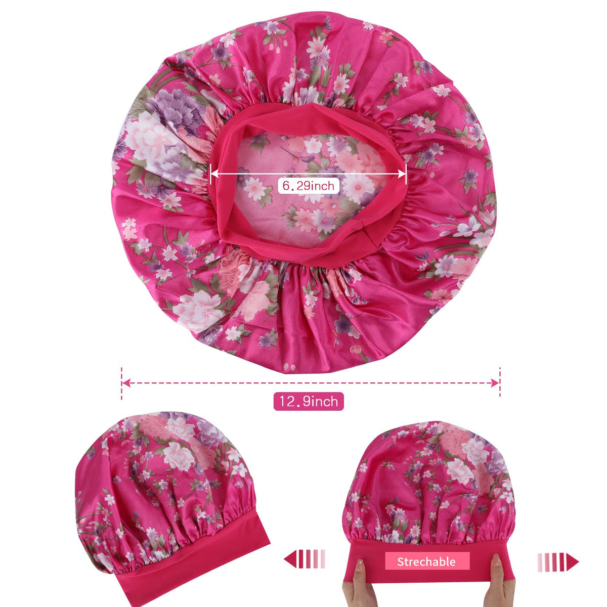 ROYBENS model wearing bonnet to show roomy fit that accommodates large hairstyles
