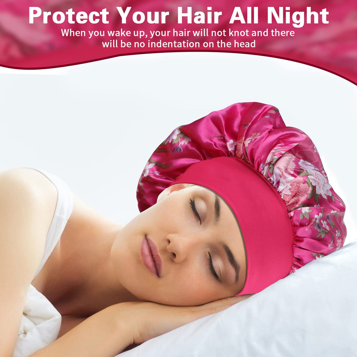 ROYBENS bonnet on pillow in bedroom lifestyle scene showing overnight hair protection