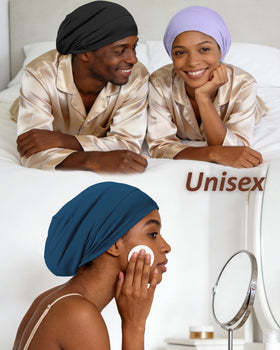 ROYBENS bonnet worn during sleep demonstrating frizz and tangle control