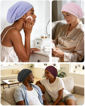 ROYBENS bonnet held in hand to show size and roomy fit for braids