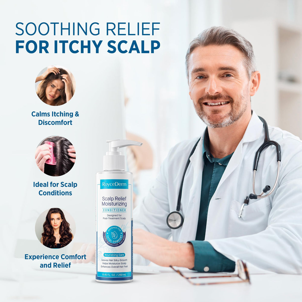 Roycederm being applied in shower to soothe and refresh scalp