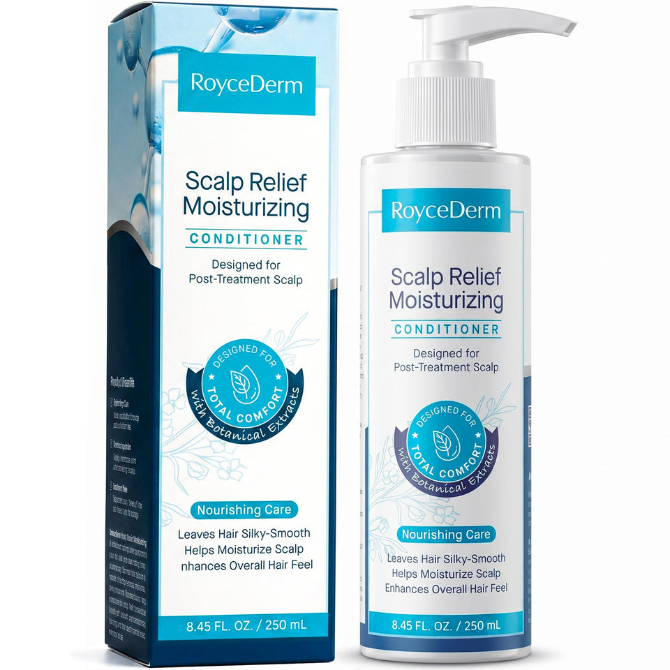 Roycederm front bottle showing product and calm scalp benefit