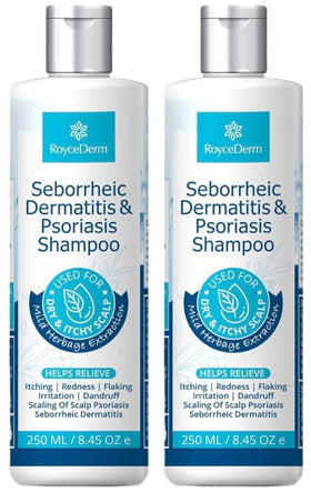 Roycederm front packaging showing two shampoo bottles and product benefit