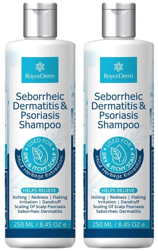 Roycederm front packaging showing two shampoo bottles and product benefit