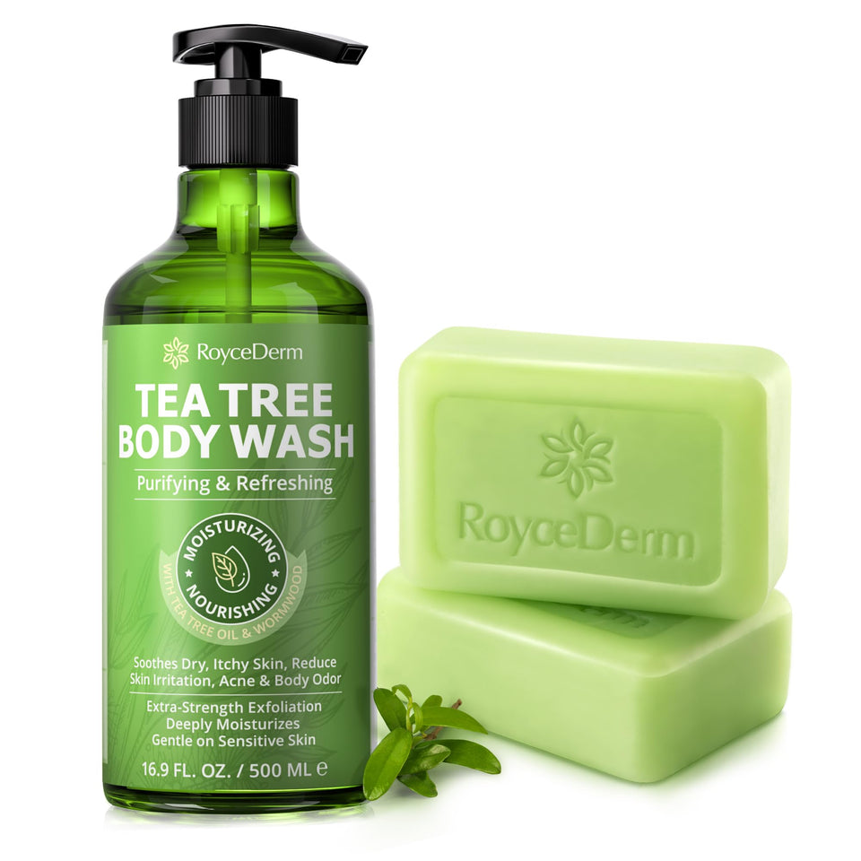 Roycederm front packaging showing body wash and soap for refreshing daily cleanse