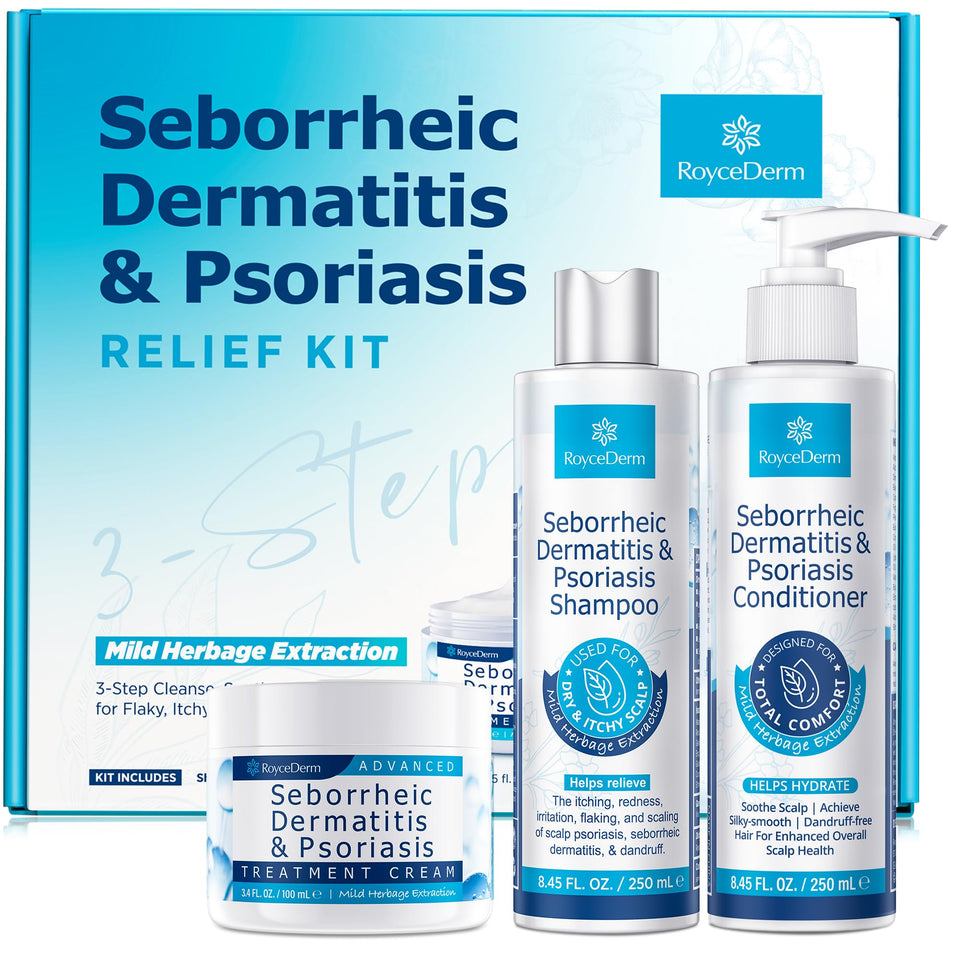 roycederm front packaging set showing full trio and easy routine relief