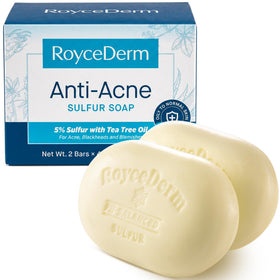 Roycederm front packaging showing two sulfur soap bars and clear benefits