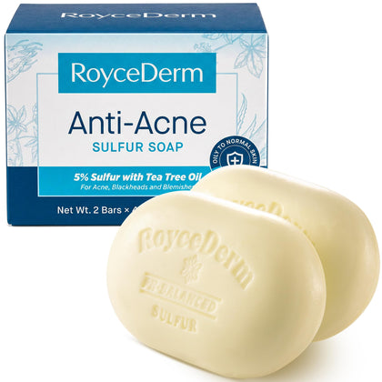 Roycederm front packaging showing two sulfur soap bars and clear benefits