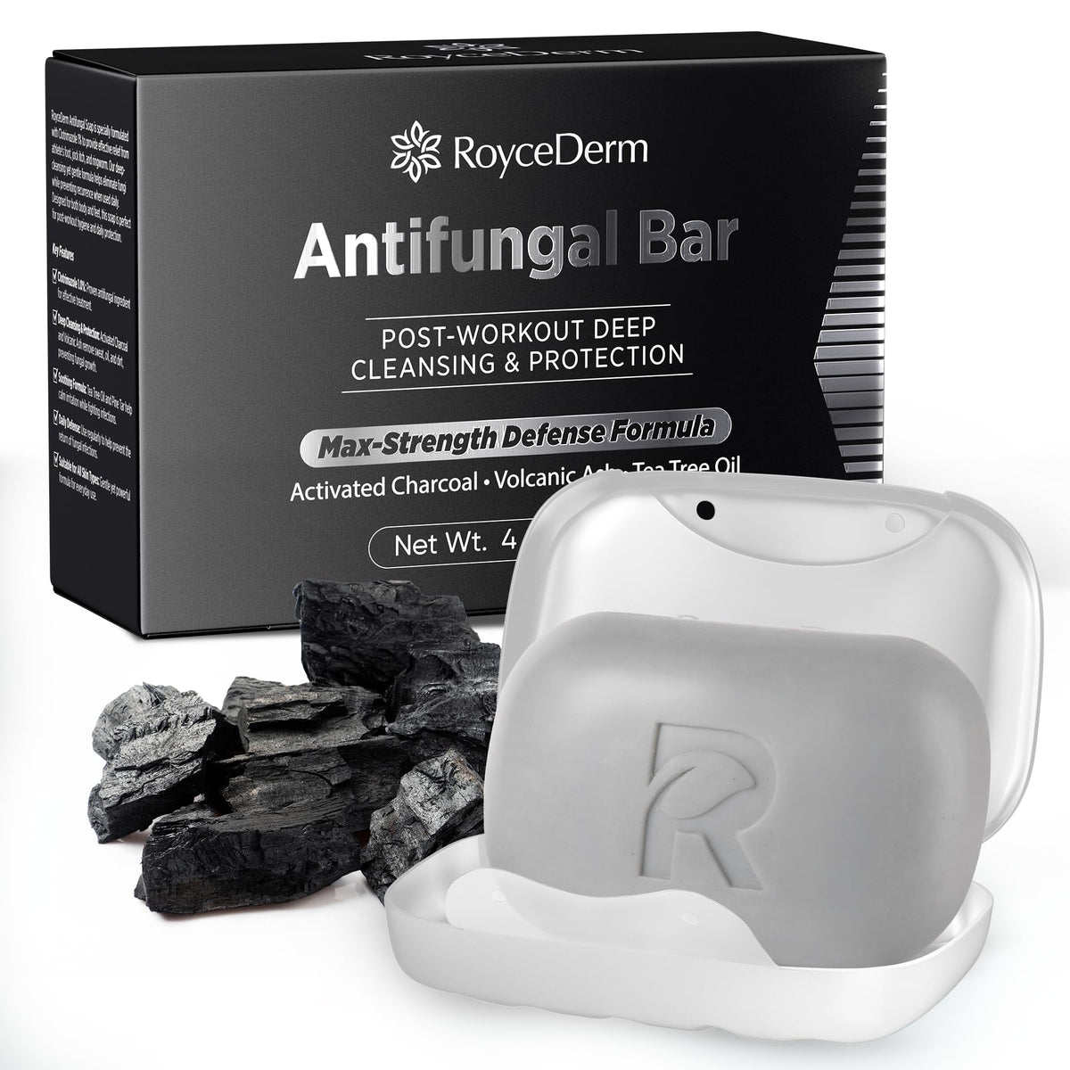 Roycederm front packaging showing bar and soap dish for clear product ID and convenience