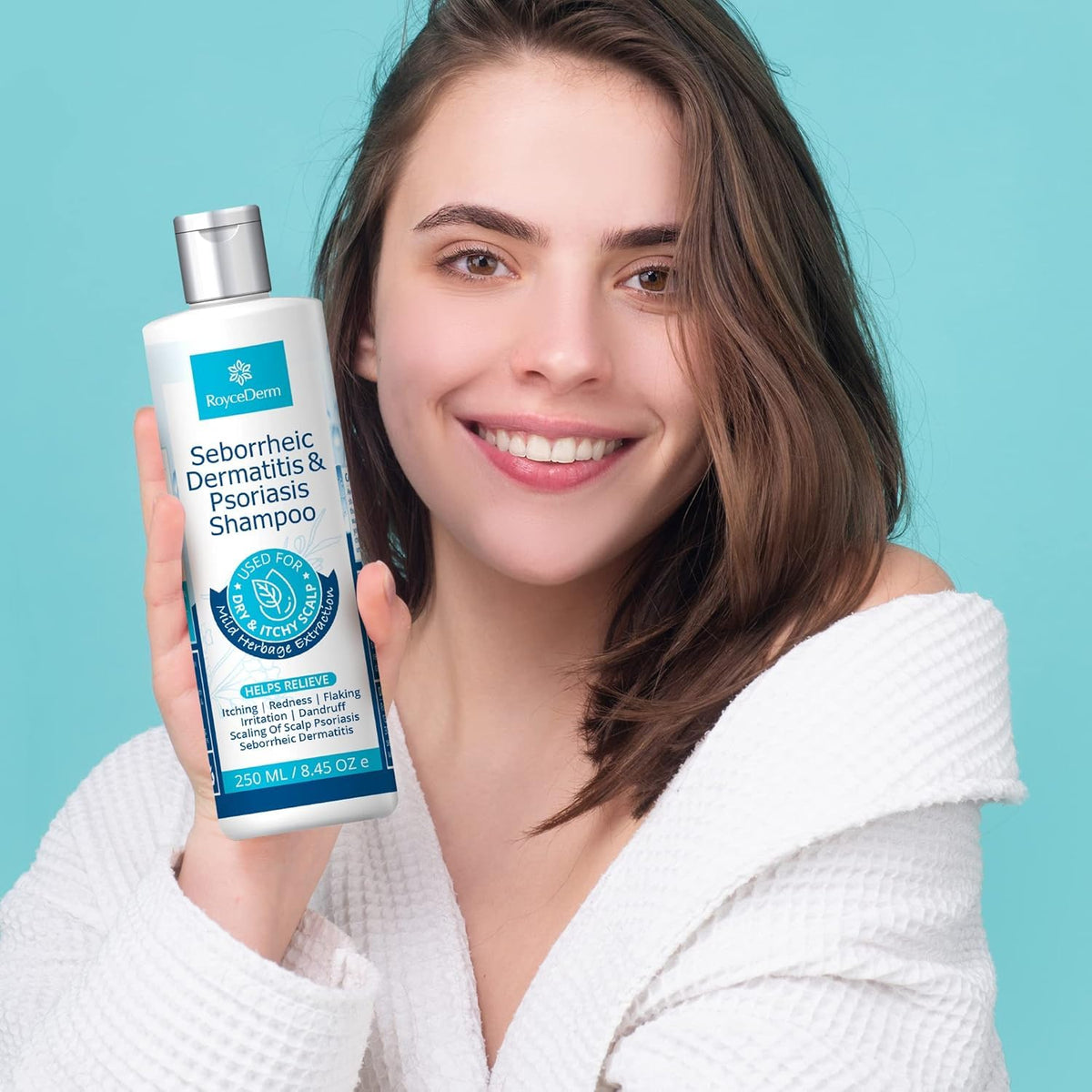 roycederm on bathroom shelf in lifestyle setting promoting daily routine use