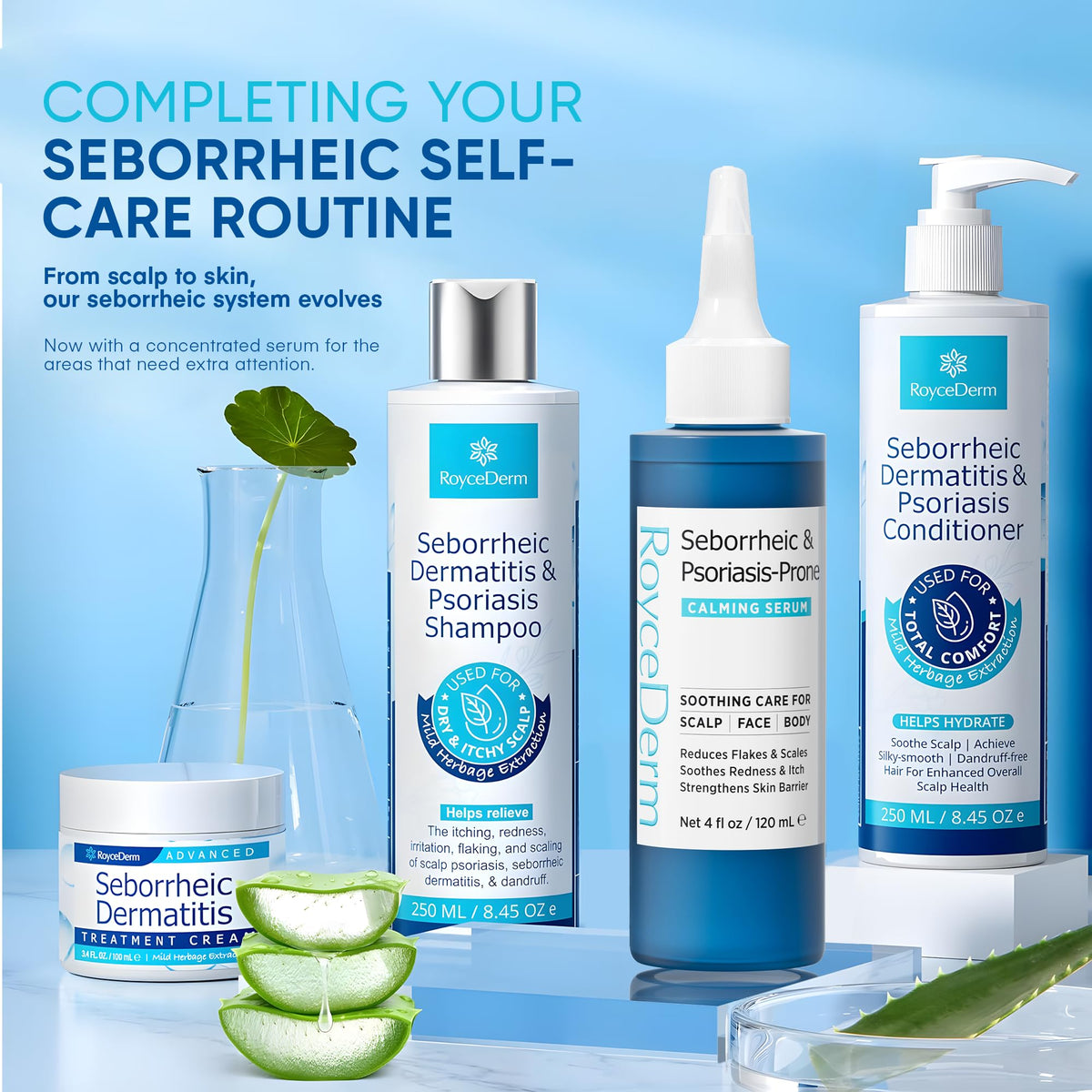Roycederm lifestyle bathroom shelf image showing products integrated into a daily self-care routine