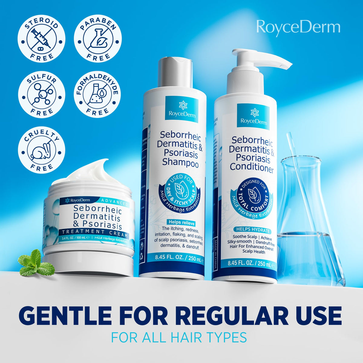 roycederm shampoo bottle label clear branding and ingredient benefit
