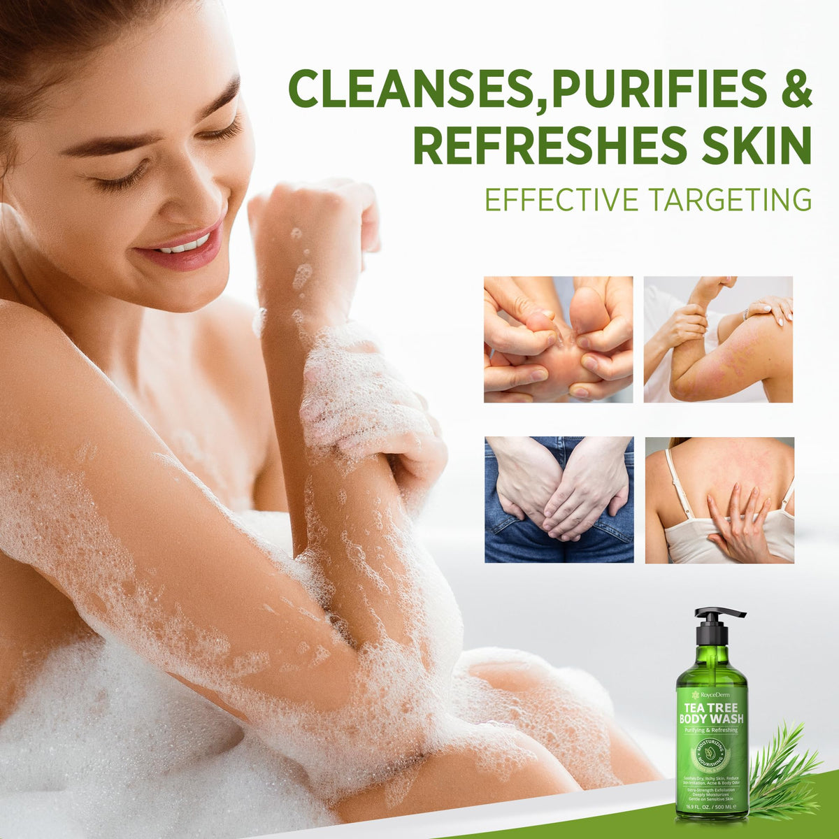Roycederm body wash in shower being used for invigorating rinse