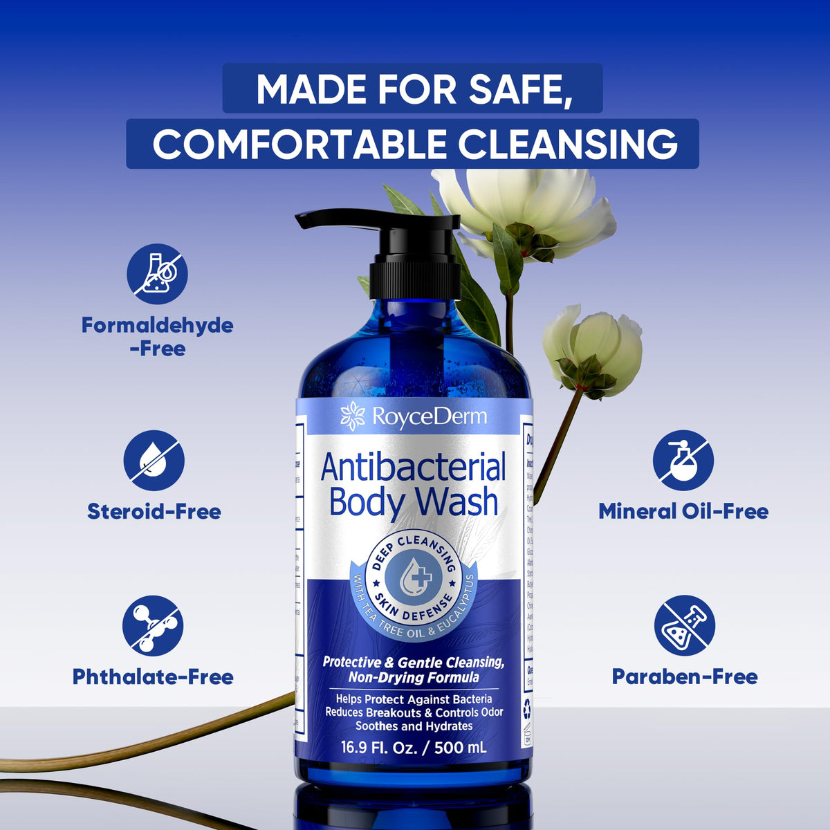 roycederm bottle staged in shower environment for active lifestyle freshness