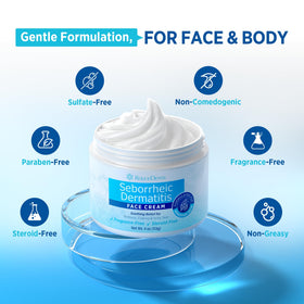 Roycederm next to a hand for scale emphasizing convenient 4 oz travel-friendly size