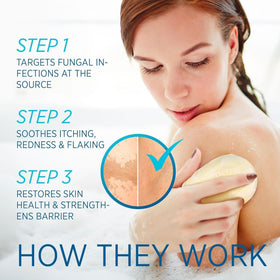 Roycederm soap in shower setting illustrating daily cleansing to reduce fungal-prone build-up