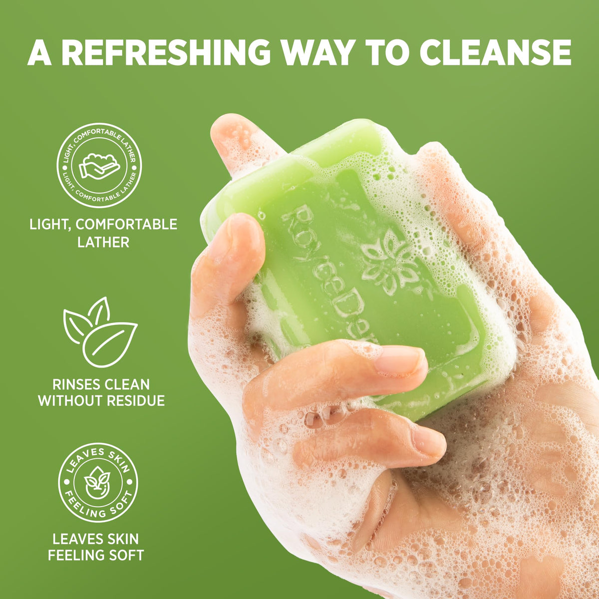 Roycederm soap lather close-up illustrating rich foam and quick rinse