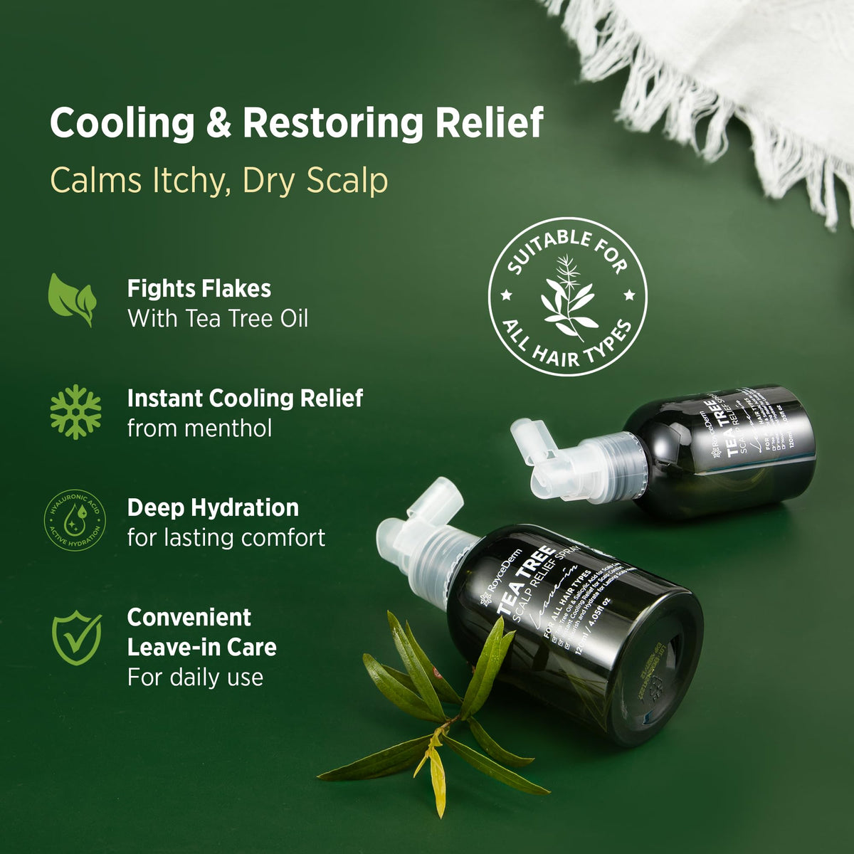 RoyceDerm spray bottle closeup highlighting nozzle and easy application
