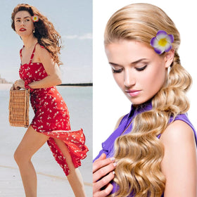 ROYHOO flower clipped to a woven headband illustrating easy decoration and accessorizing benefit