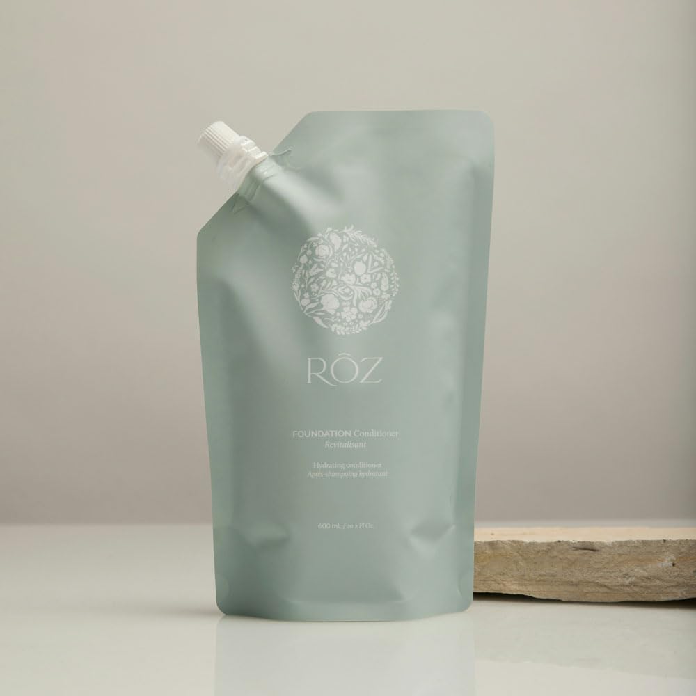 RŌZ pouch being poured into aluminum bottle demonstrating easy refill benefit