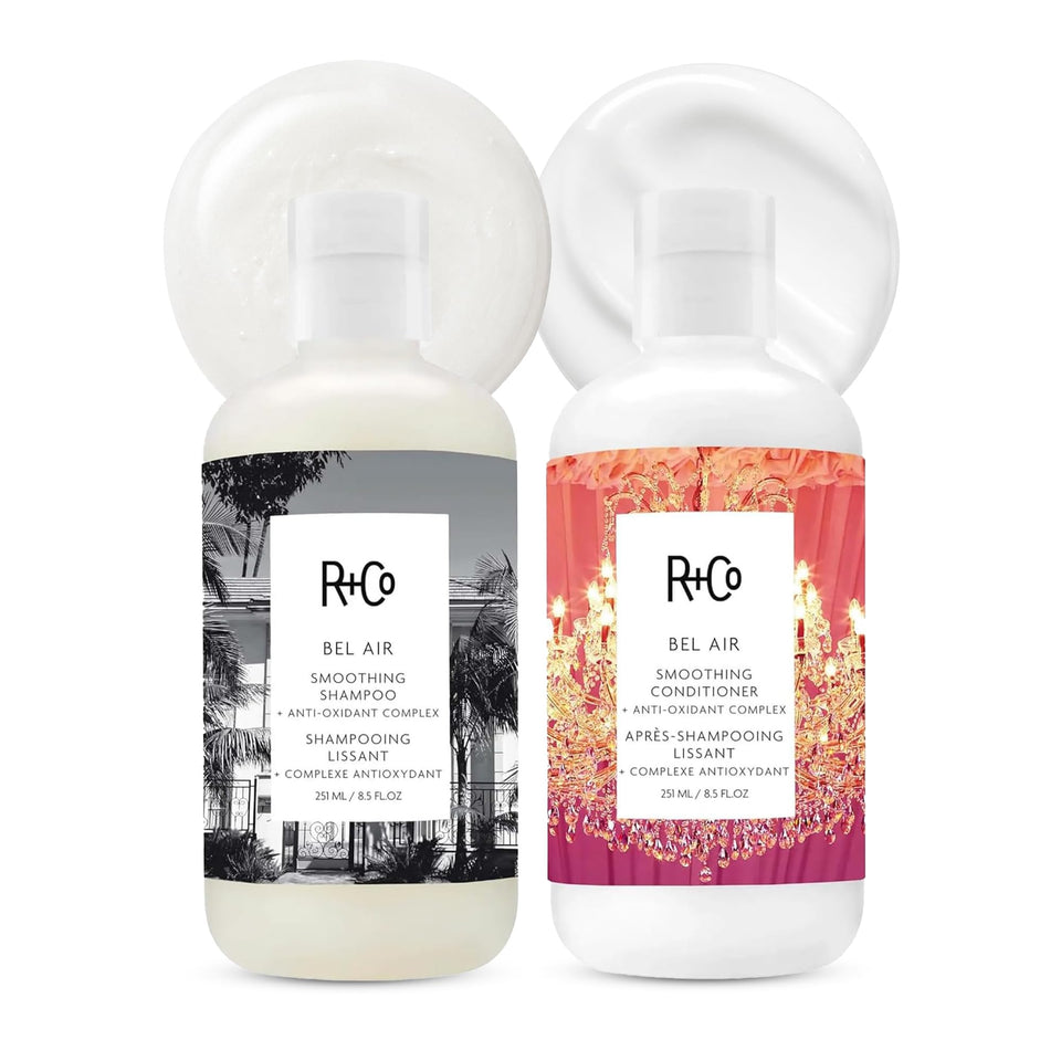 R+Co Bel Air front packaging showing the shampoo and conditioner duo and sleek design