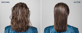 R+Co BLEU F-Layer in bathroom styling scene showing heat protection and styling prep