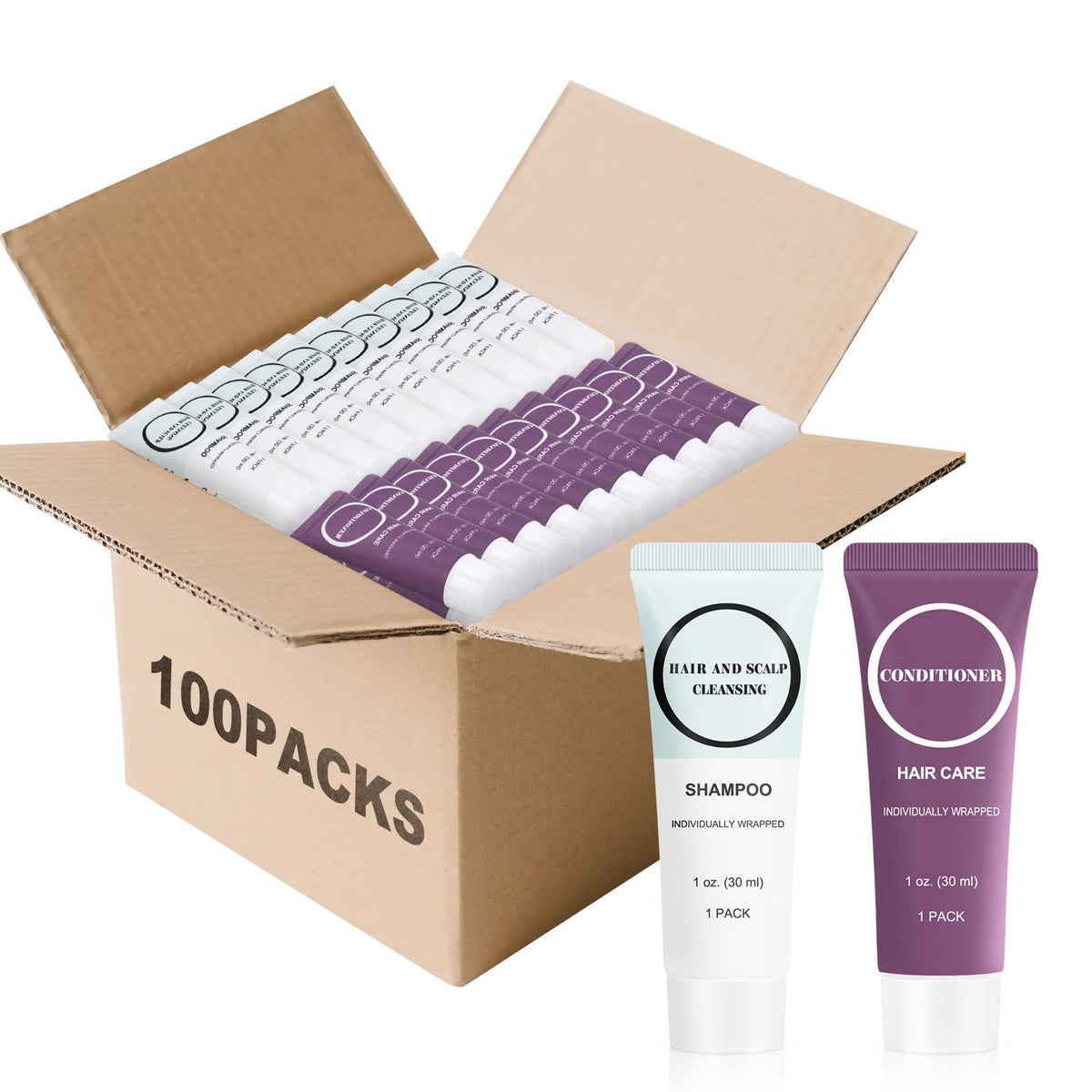 RSQAZQ front packaging showing 100 individually wrapped travel shampoo and conditioner tubes for easy guest use