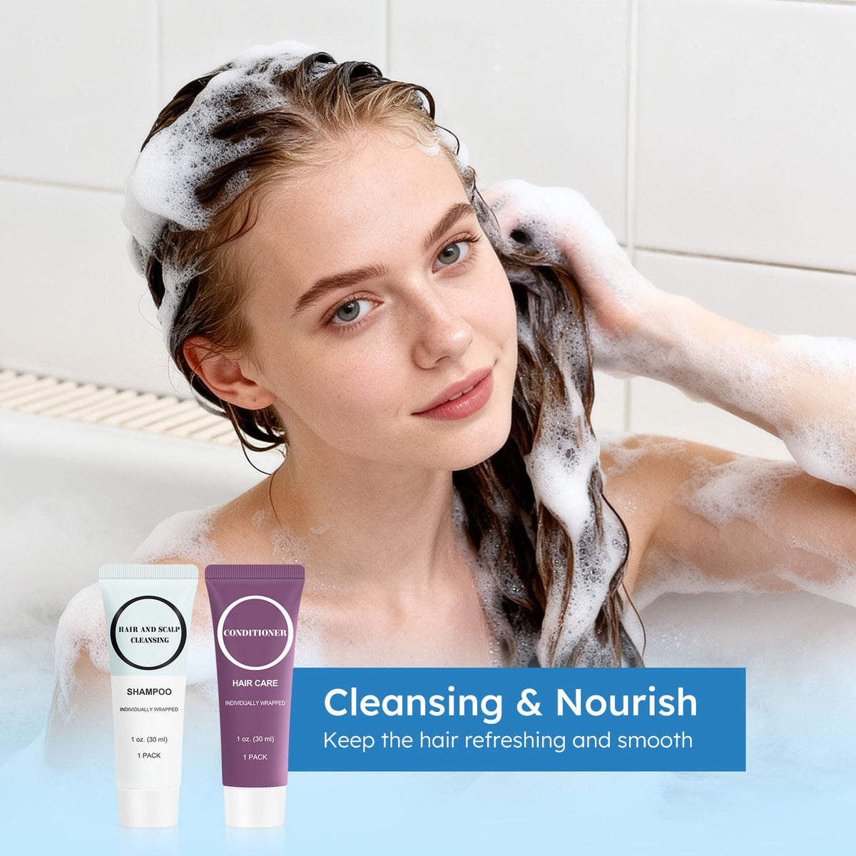 RSQAZQ in-use image of a tube in a shower setting demonstrating convenience for hotel guests and travelers