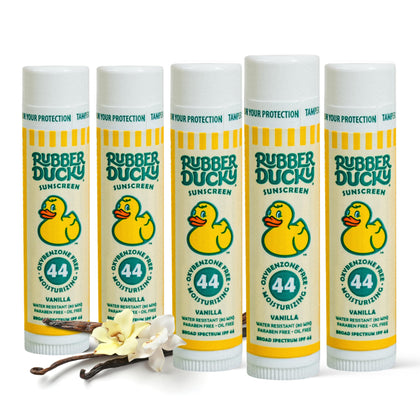 Rubber Ducky front packaging showing three SPF 44 lip balms, portable protection