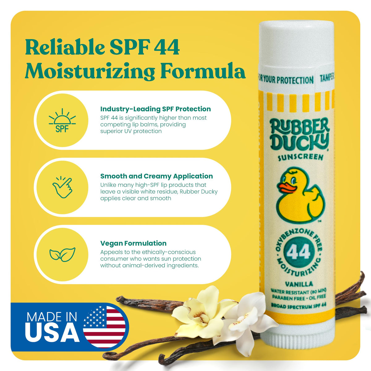Rubber Ducky closed lip balm stick detail, compact design for easy carry
