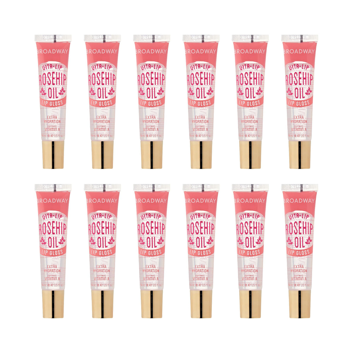 Ruby Kisses front packaging showing 12-pack benefits and clear gloss