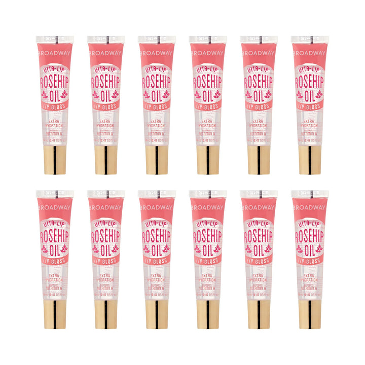Ruby Kisses front packaging showing 12-pack benefits and clear gloss