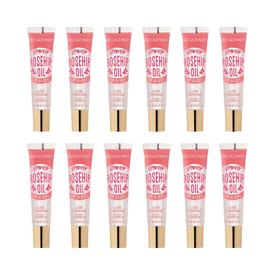 Ruby Kisses front packaging showing 12-pack benefits and clear gloss