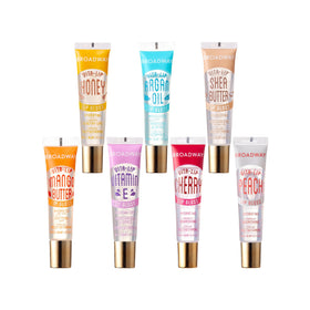 ruby kisses front packaging showing seven clear glosses and convenience