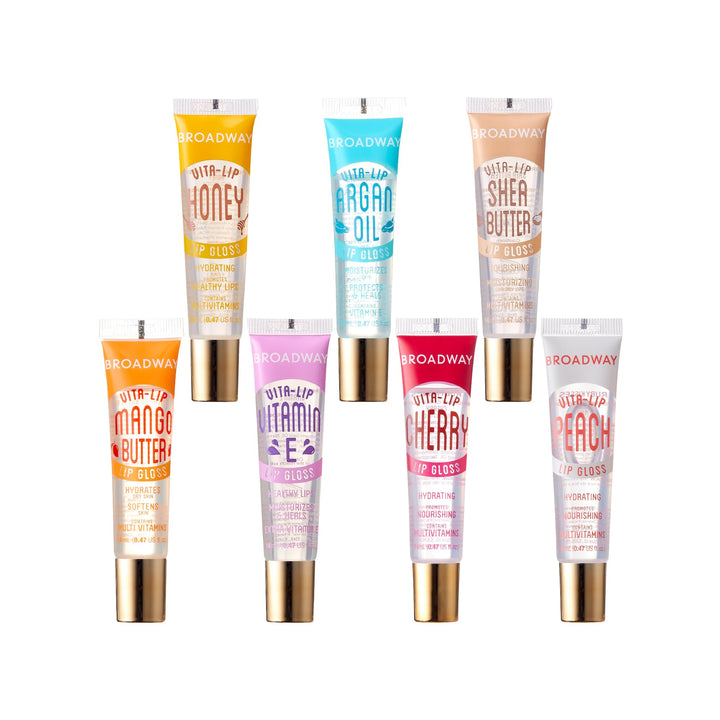 ruby kisses front packaging showing seven clear glosses and convenience