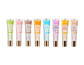 Ruby Kisses front packaging shows clear gloss tubes and benefits