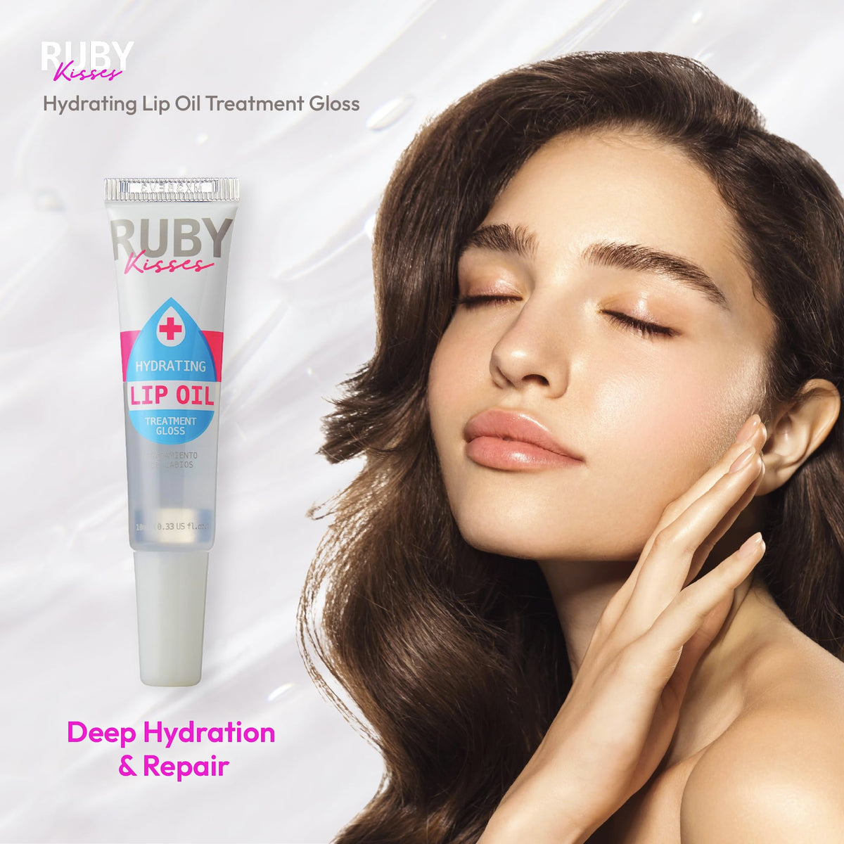Ruby Kisses in a makeup bag by mirror for on-the-go hydration and repair