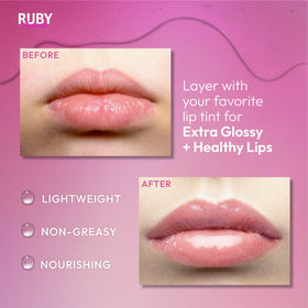 Ruby Kisses clear oil texture drop highlighting smooth hydration and shine