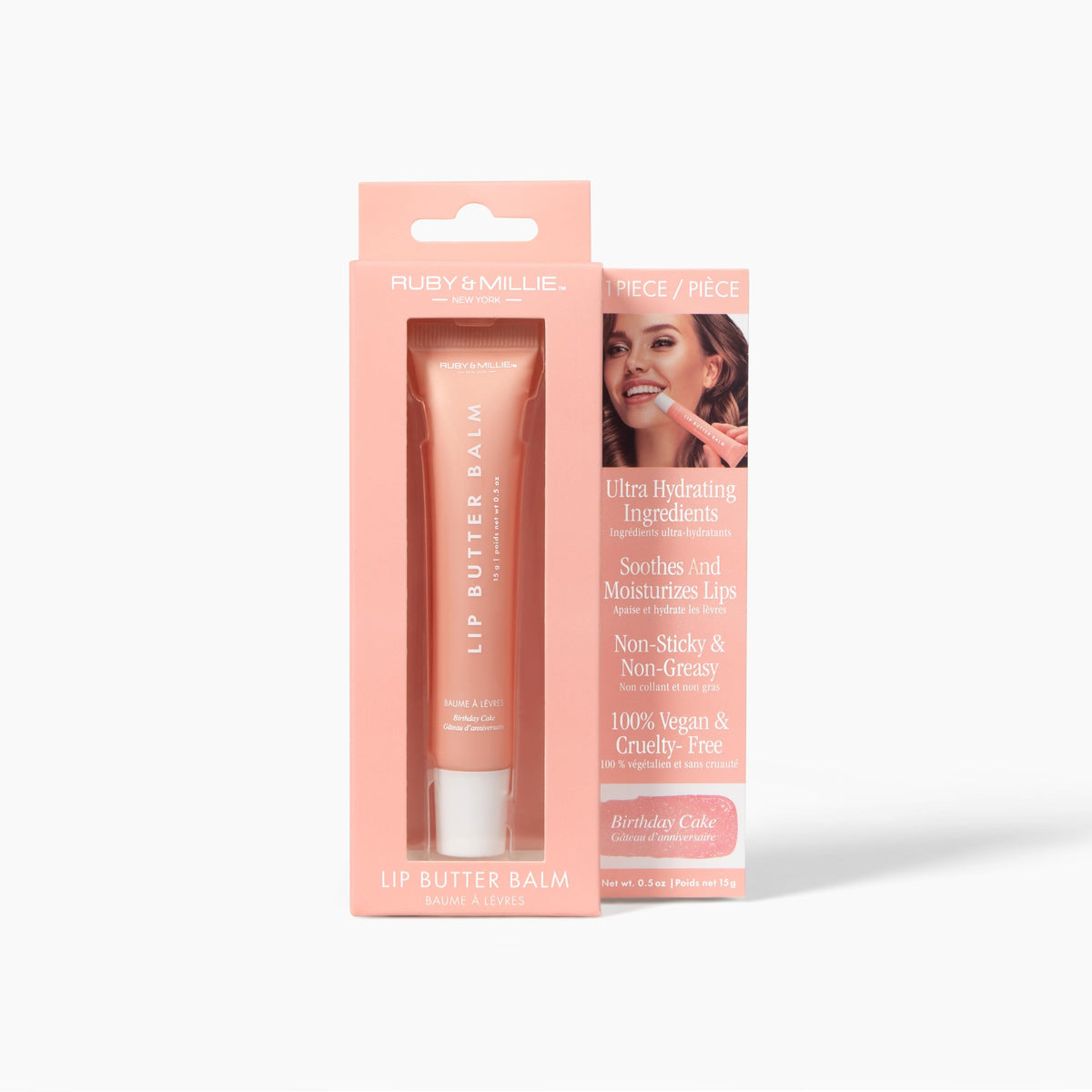 Ruby & Millie label close-up showing vegan, cruelty-free product benefits