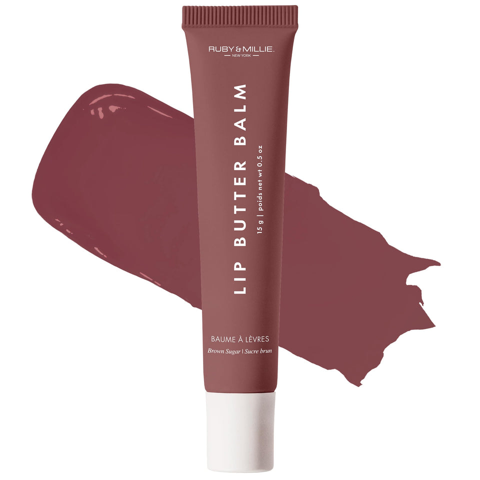 Ruby & Millie front packaging showing brown sugar tinted balm, easy recognition benefit