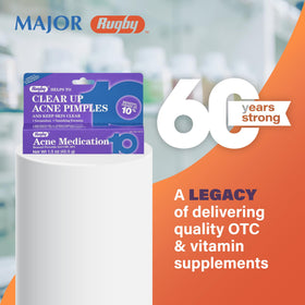 RUGBY LABORATORIES ingredient label close-up highlighting 10% benzoyl peroxide clarity benefit