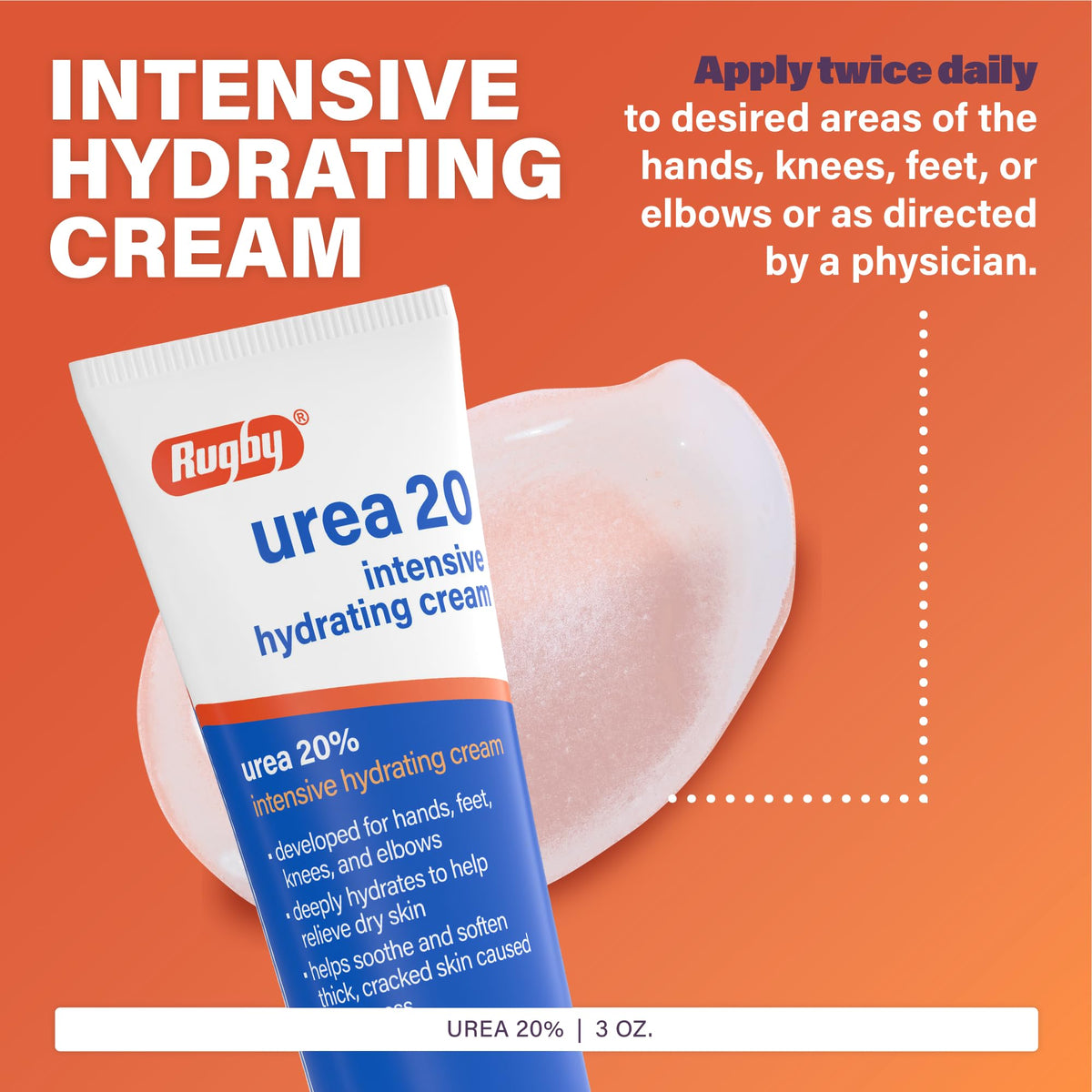 RUGBY LABORATORIES cream applied to hand demonstrating targeted relief for rough skin