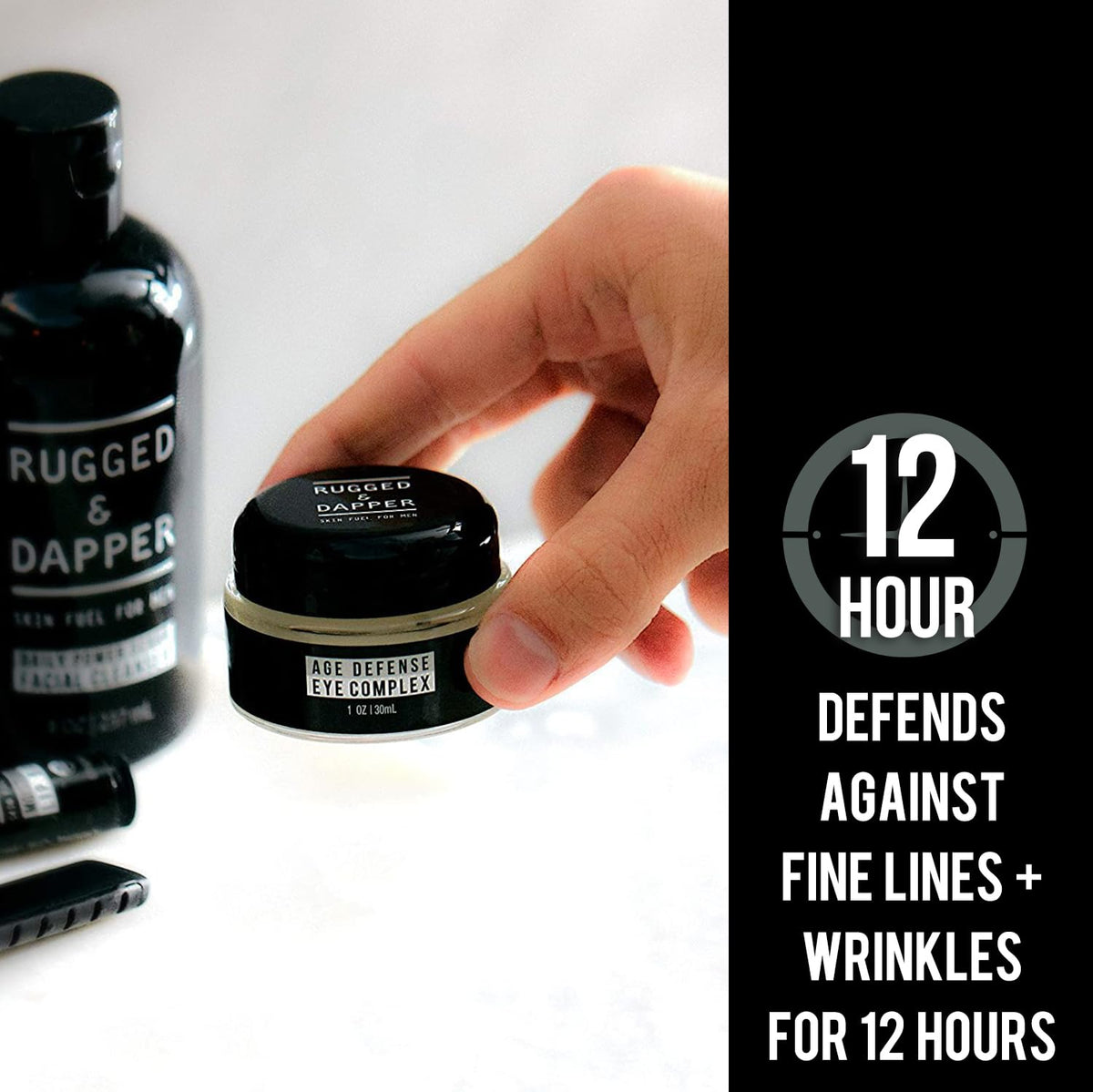 RUGGED & DAPPER gel texture on a fingertip showing fast-absorbing hydration