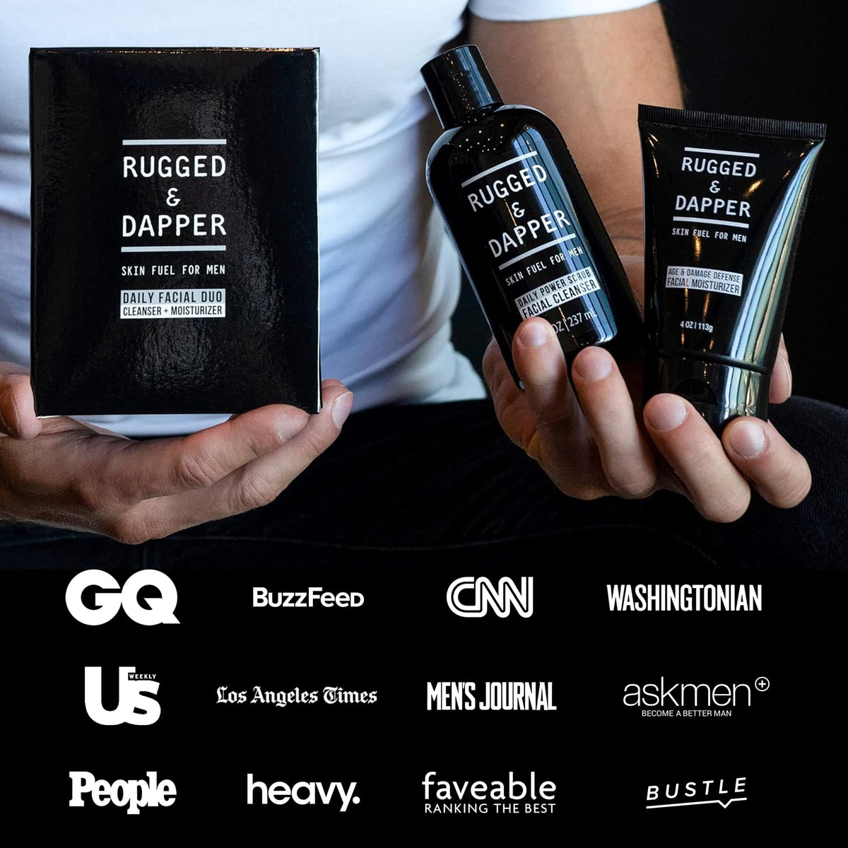 RUGGED & DAPPER ingredients flatlay highlighting botanical hyaluronic acid and peptides