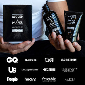 RUGGED & DAPPER ingredients flatlay highlighting botanical hyaluronic acid and peptides