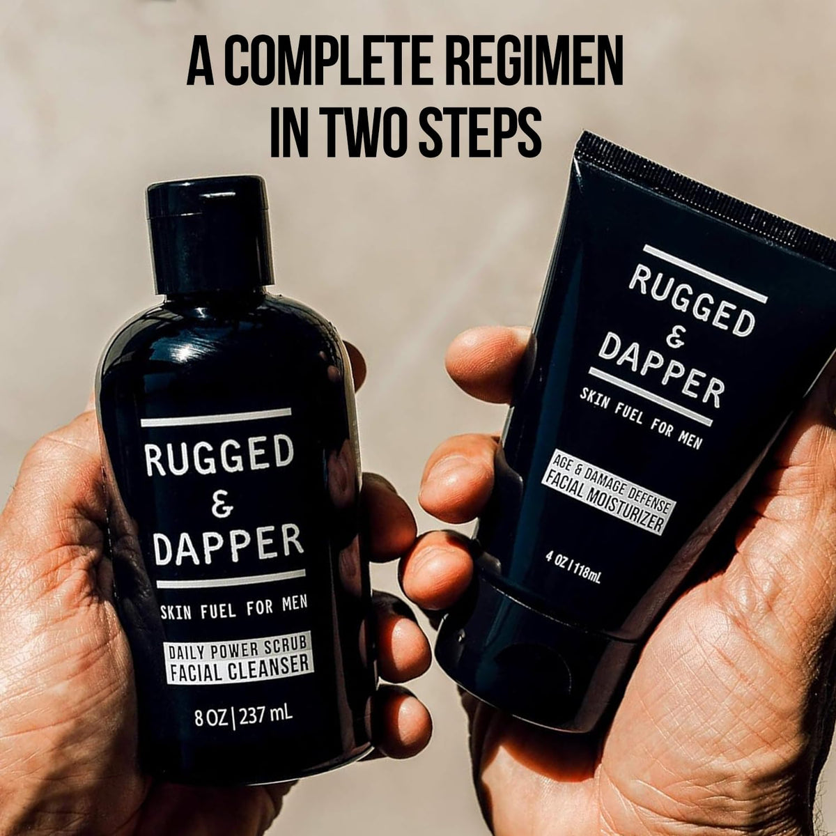 RUGGED & DAPPER lifestyle shot of man using the Duo in his morning routine