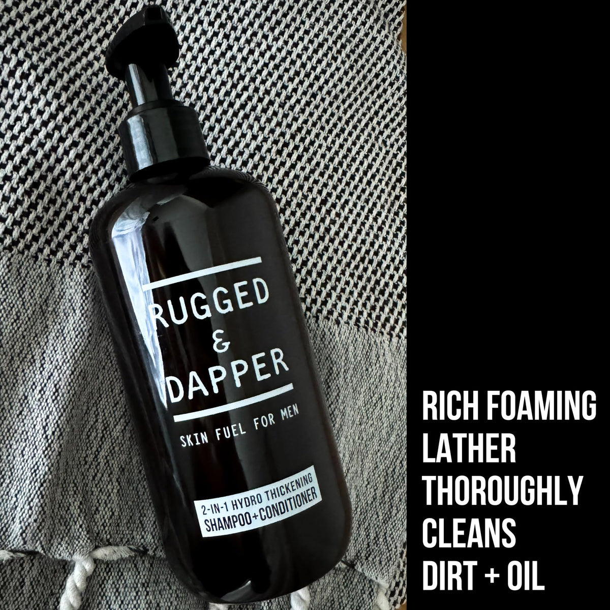 RUGGED & DAPPER bottle in shower showing easy one-step use benefit